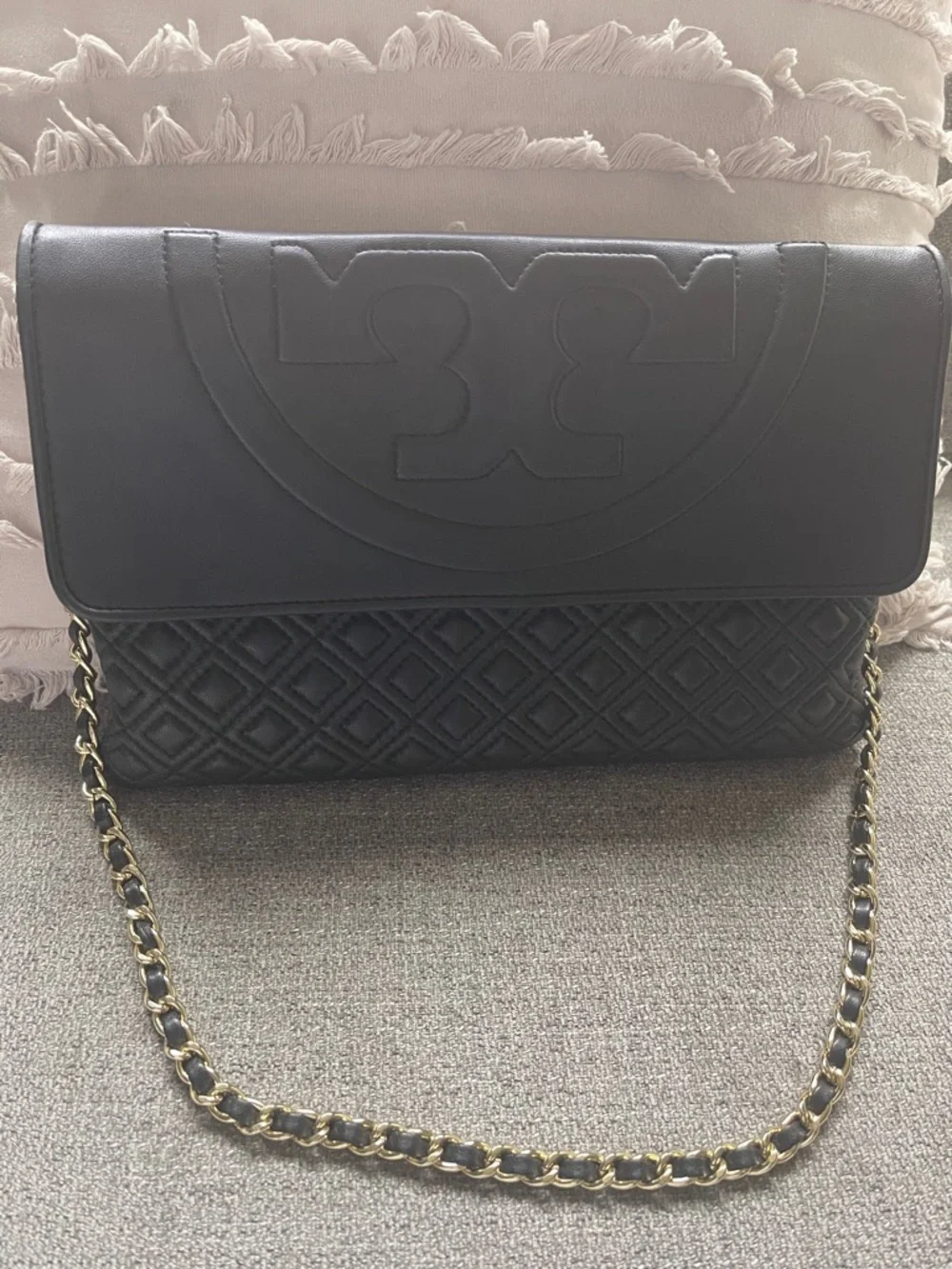 Tory Burch- Black Quilted Leather Shoulder Bag with Gold Chain